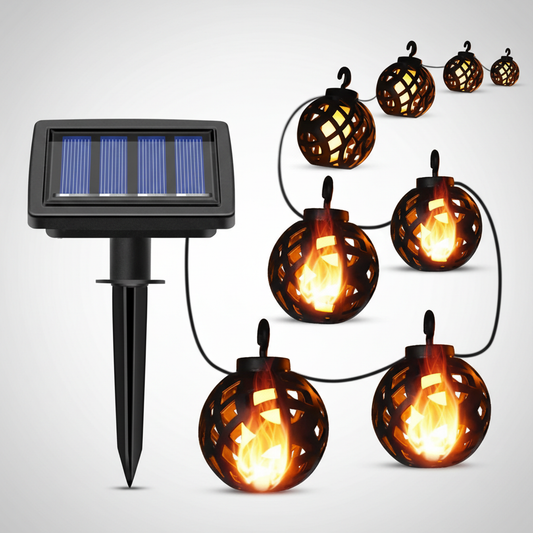 Solar String Lights with Flame Effect | 8 Lanterns | IP44 Waterproof | Outdoor Use