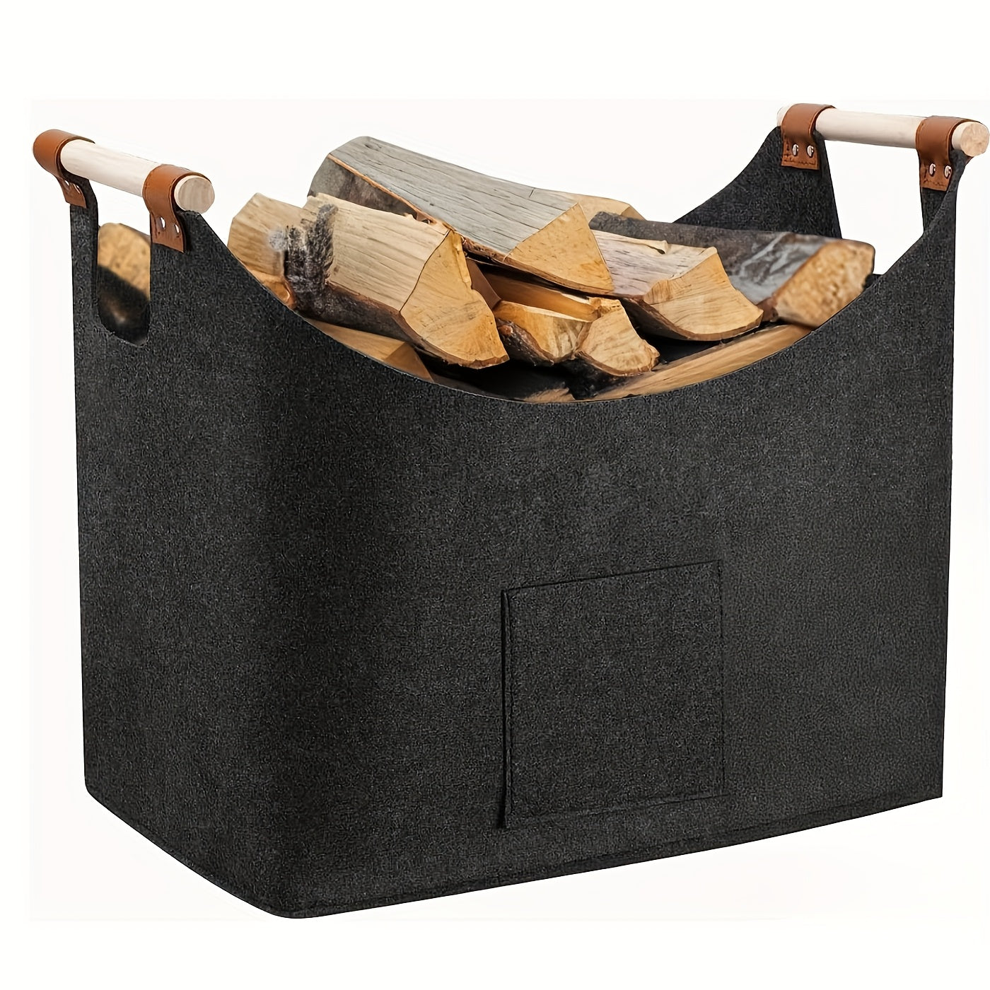 Firewood Basket | Foldable Dark Gray Felt Design | Basket of Firewood with Wooden Handles 5