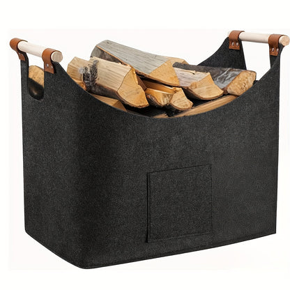 Firewood Basket | Foldable Dark Gray Felt Design | Basket of Firewood with Wooden Handles 5
