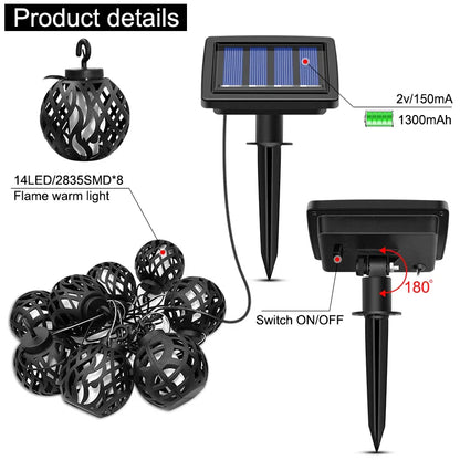 Solar String Lights with Flame Effect | 8 Lanterns | IP44 Waterproof | Outdoor Use