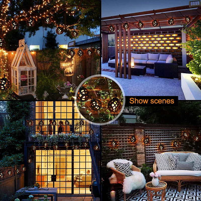 Solar String Lights with Flame Effect | 8 Lanterns | IP44 Waterproof | Outdoor Use