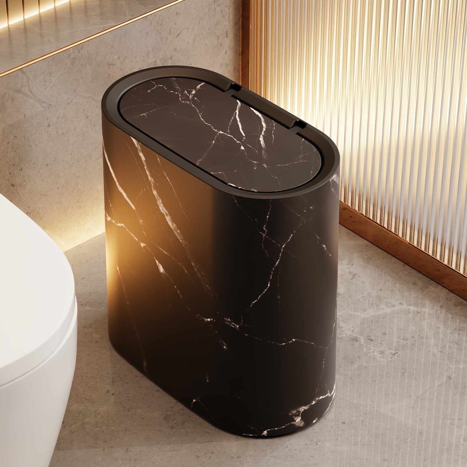 Trash Can | Compact Oval Design with Lid | Marble Pattern Kitchen and Bathroom Bin 10